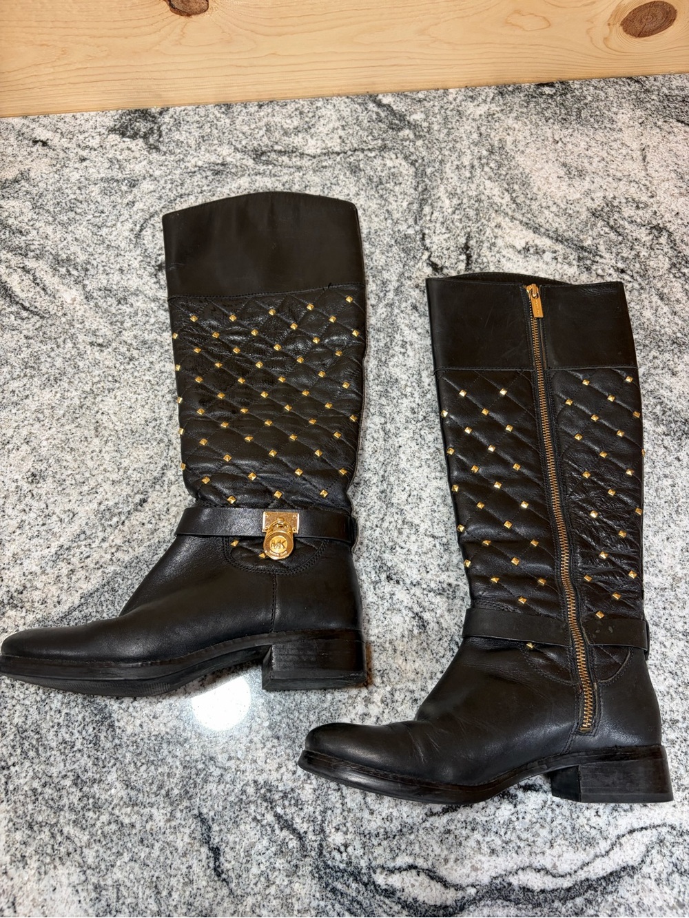 Michael Kors Black Quilted Leather Tall Boots with Gold Studs Women’s sz 6